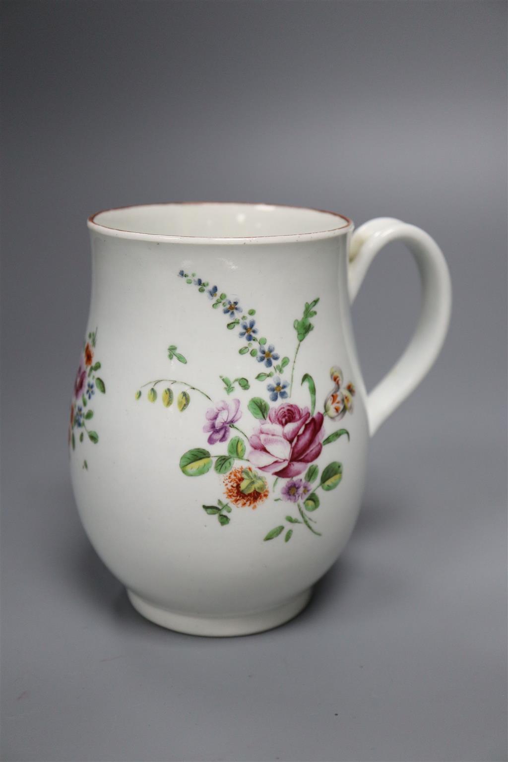 A Worcester bell-shaped mug, c.1760, painted with floral sprays, 12cm, ex Sir Jeremy Levy collection label